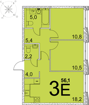 56,1 м², 2-комн. квартира, 24 этаж