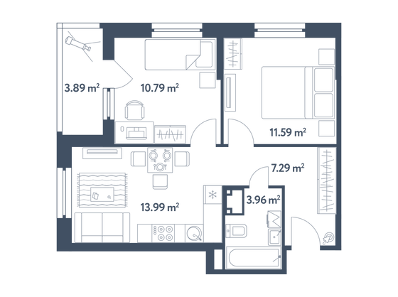 49,6 м², 2-комн. квартира, 17/25 этаж