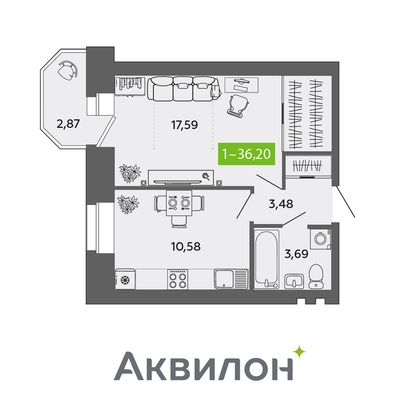 36,2 м², 1-комн. квартира, 9/9 этаж