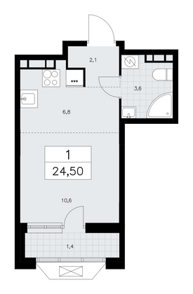 24,5 м², своб. планировка, 9/16 этаж