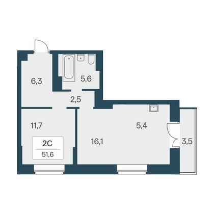 51,6 м², 2-комн. квартира, 5/30 этаж