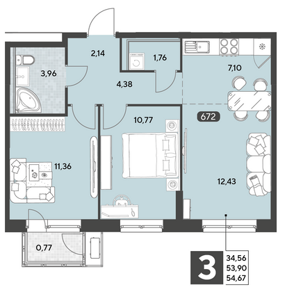 Продажа 3-комнатной квартиры 54,7 м², 9/25 этаж