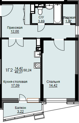 Продажа 1-комнатной квартиры 50,2 м², 10/17 этаж