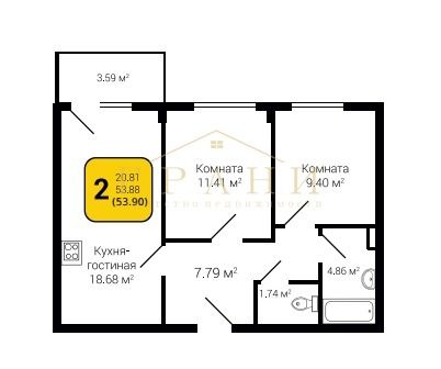 Продажа 2-комнатной квартиры 53,9 м², 6/14 этаж