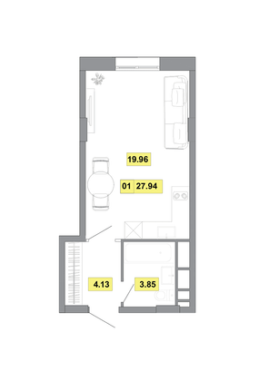 27,9 м², 1-комн. квартира, 9 этаж