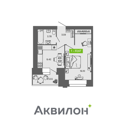 33,7 м², 1-комн. квартира, 6/9 этаж