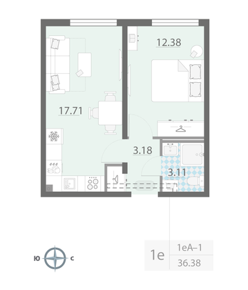 Продажа 1-комнатной квартиры 36,4 м², 10/25 этаж