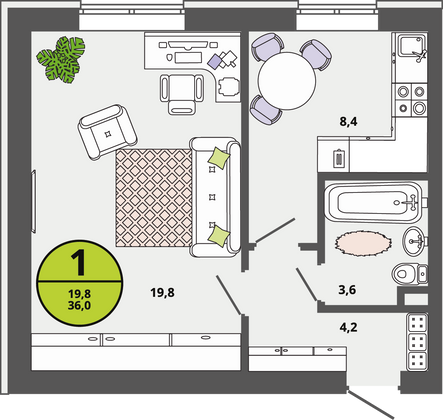 36 м², 1-комн. квартира, 1/3 этаж