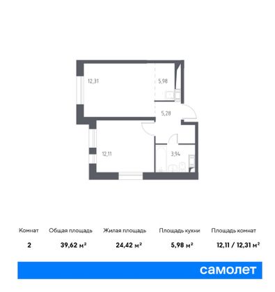 Продажа 2-комнатной квартиры 39,6 м², 14/17 этаж