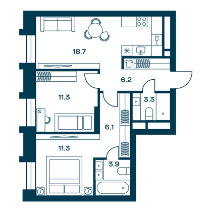 60,8 м², 2-комн. квартира, 20/20 этаж