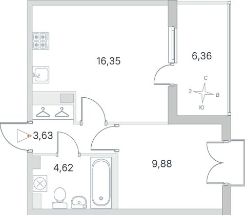 Продажа 1-комнатной квартиры 37,7 м², 3/4 этаж