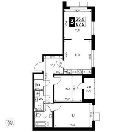 68,6 м², 3-комн. квартира, 9/20 этаж