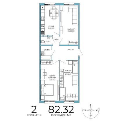82,3 м², 2-комн. квартира, 2/18 этаж