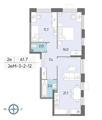 Продажа 2-комнатной квартиры 61,7 м², 11/24 этаж