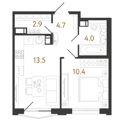 35,5 м², 1-комн. квартира, 15/16 этаж