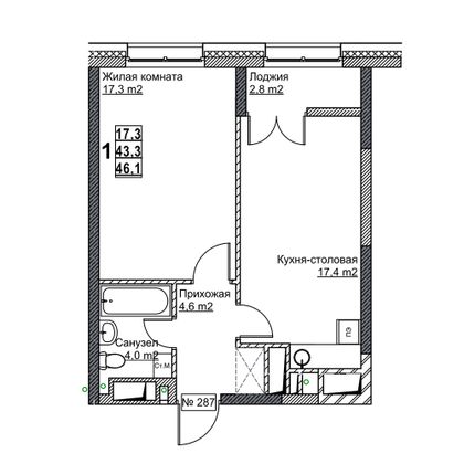 Продажа 1-комнатной квартиры 46,1 м², 19/24 этаж