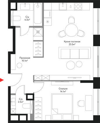 56,5 м², 2-комн. квартира, 1/20 этаж