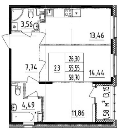 Продажа 2-комнатной квартиры 59 м², 3/14 этаж
