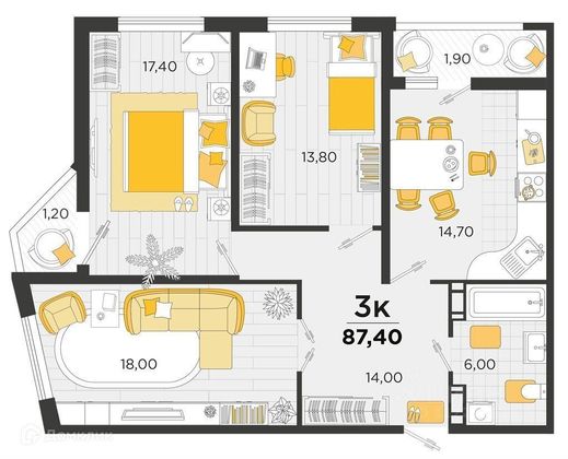 Продажа 3-комнатной квартиры 89 м², 13/25 этаж