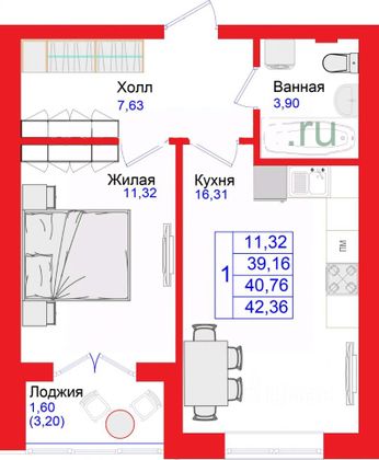 42,4 м², 1-комн. квартира, 4/5 этаж