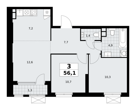 56,1 м², 3-комн. квартира, 9/30 этаж