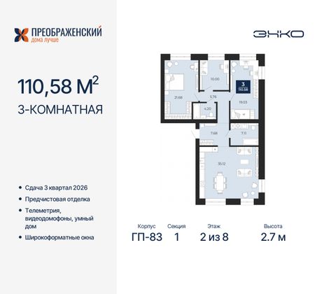 110,6 м², 3-комн. квартира, 2/8 этаж