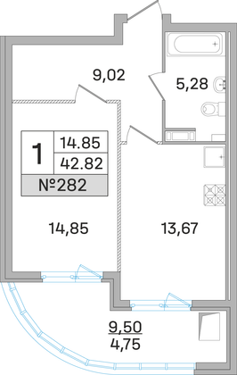 42,8 м², 1-комн. квартира, 17 этаж