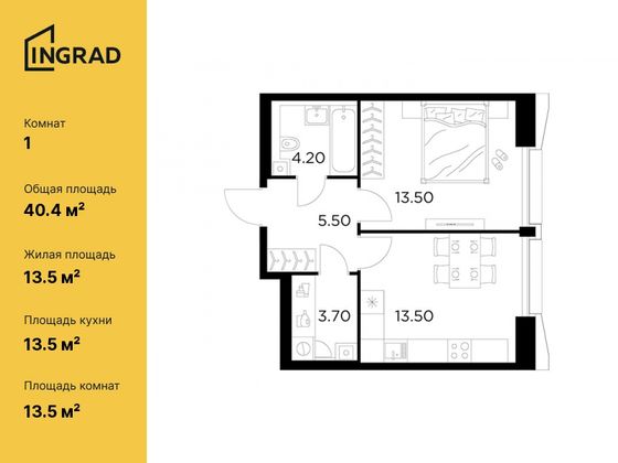 40,4 м², 1-комн. квартира, 3/32 этаж