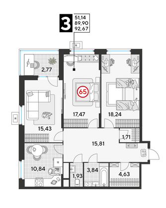 Продажа 3-комнатной квартиры 92,7 м², 7/25 этаж