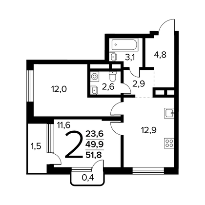 51,8 м², 2-комн. квартира, 12/14 этаж