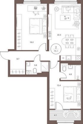 Продажа 2-комнатной квартиры 75,1 м², 2/18 этаж