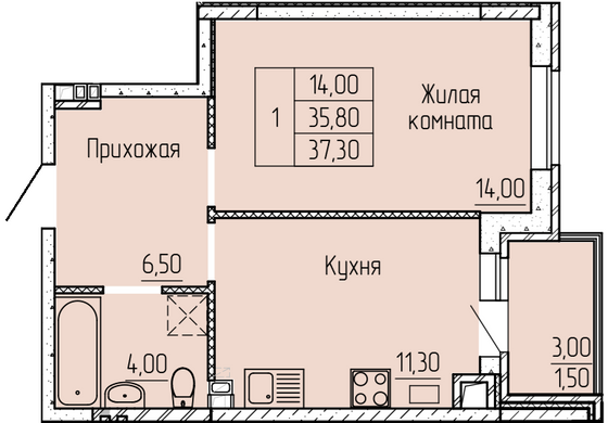 37,4 м², 1-комн. квартира, 3/4 этаж