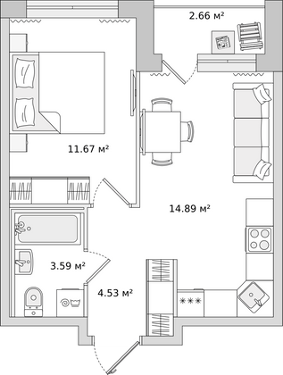 34,6 м², 1-комн. квартира, 19/21 этаж