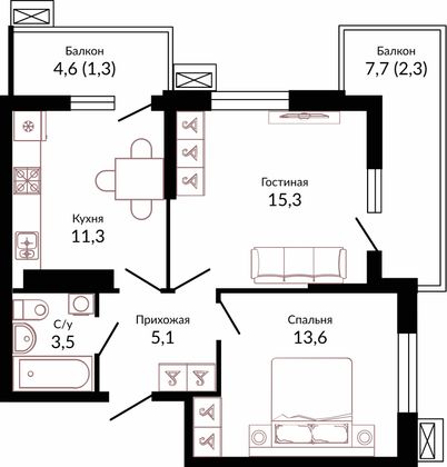 52,5 м², 2-комн. квартира, 3/23 этаж