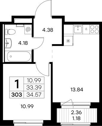 34,6 м², 1-комн. квартира, 3/9 этаж