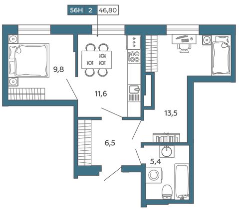 46,8 м², 2-комн. квартира, 2/16 этаж