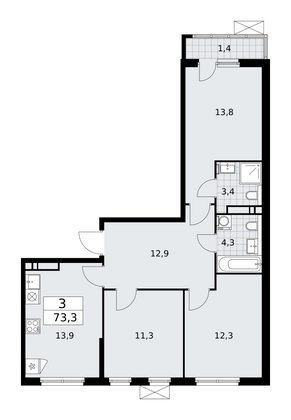 73,3 м², своб. планировка, 10/13 этаж