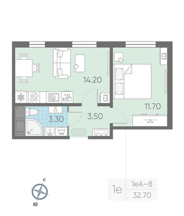Продажа 1-комнатной квартиры 32,7 м², 5/16 этаж