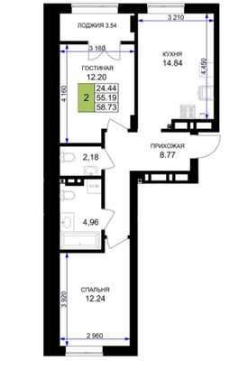 Продажа 2-комнатной квартиры 58,7 м², 5/6 этаж