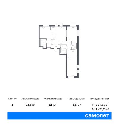 93,4 м², 3-комн. квартира, 1/8 этаж