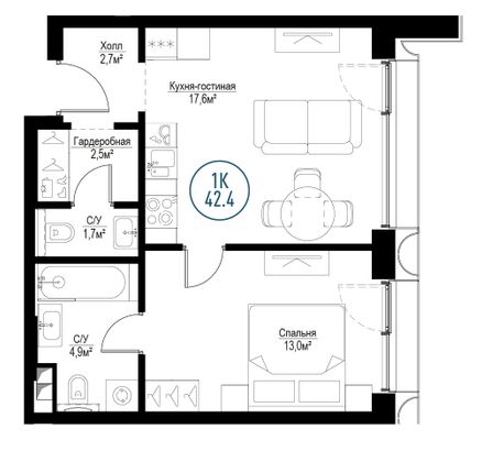 Продажа 1-комнатной квартиры 42,4 м², 2/30 этаж