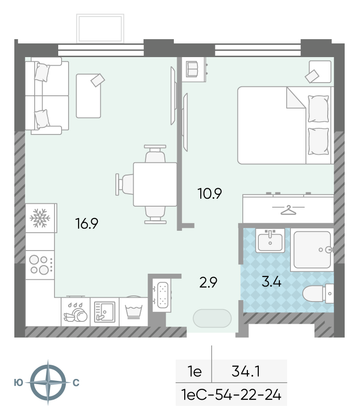 Продажа 1-комнатной квартиры 34,1 м², 24/24 этаж