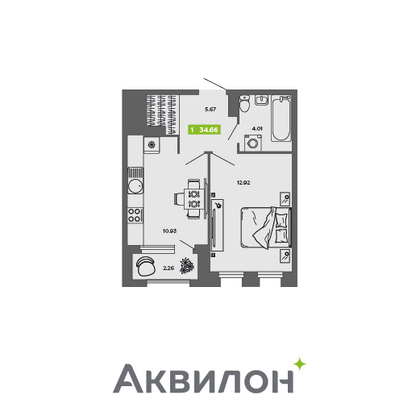 34,7 м², 1-комн. квартира, 6/16 этаж