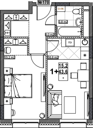 Продажа 1-комнатной квартиры 43,6 м², 5/24 этаж