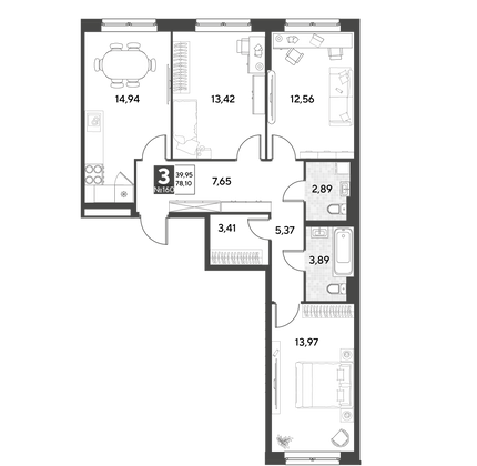 Продажа 3-комнатной квартиры 78,1 м², 21/25 этаж