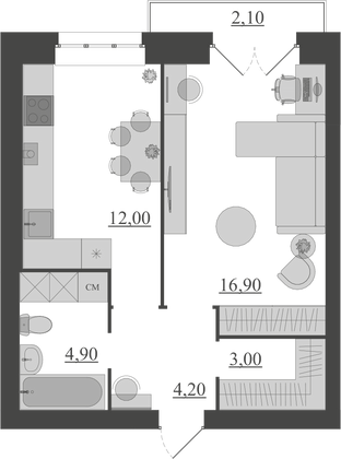 Продажа 1-комнатной квартиры 43,1 м², 6/6 этаж