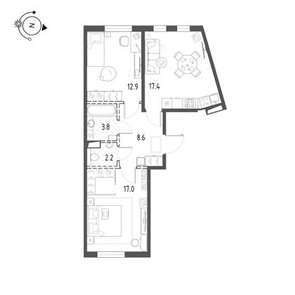 61,9 м², 2-комн. квартира, 5/10 этаж