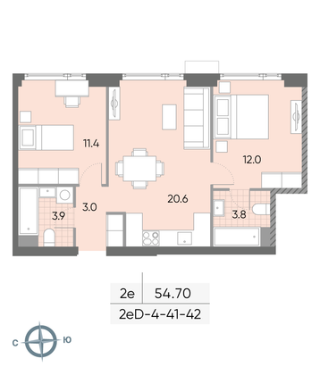 Продажа 2-комнатной квартиры 54,7 м², 41/52 этаж