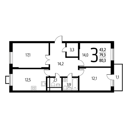 80,3 м², 3-комн. квартира, 8/9 этаж