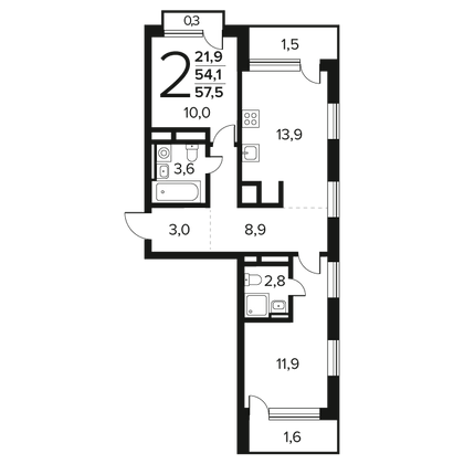 57,5 м², 2-комн. квартира, 3/14 этаж